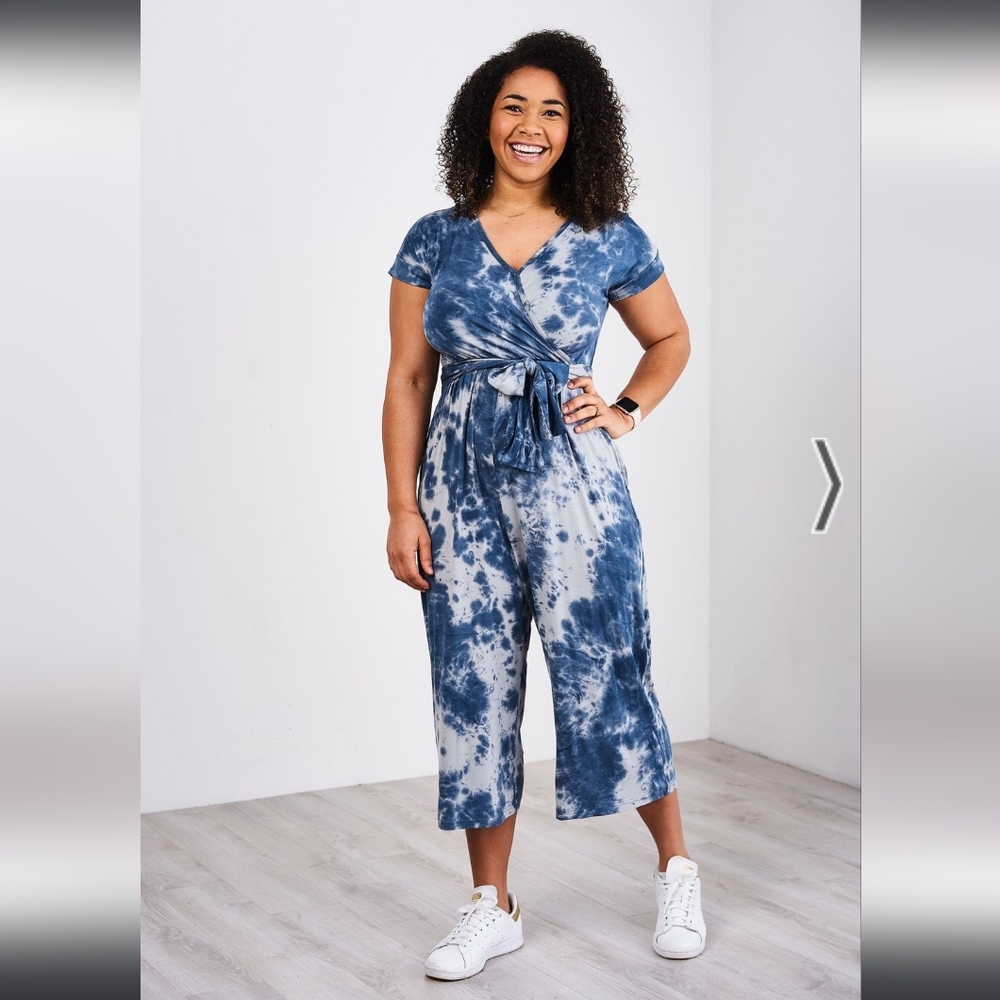 Latched Mama V-Neck Nursing Jumpsuit, Size Large, Blue Tie Dye
